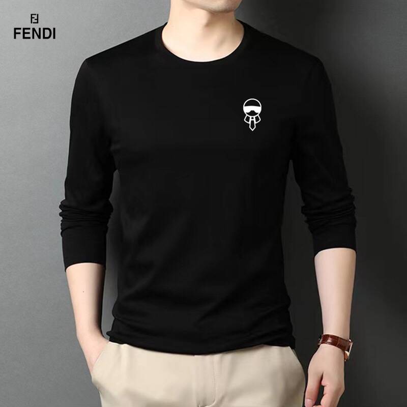 FENDI メンズ ロンT 長袖Tシャツ クルーネック 袖リブ ロゴ刺繍 オーバーサイズ ブラック - 画像 7