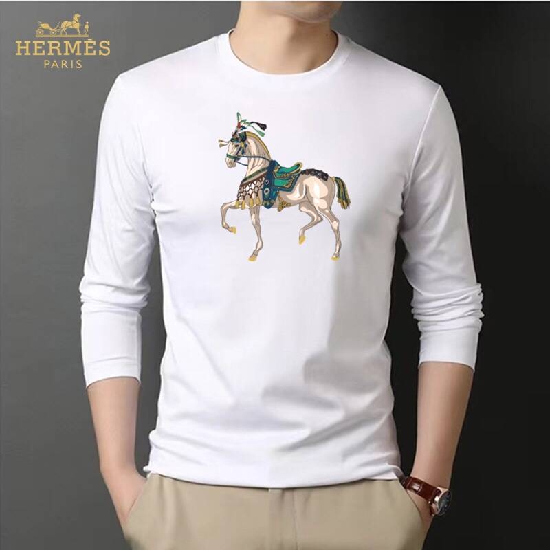 HERMES メンズ ロンT 長袖Tシャツ クルーネック 袖リブ ロゴプリント オーバーサイズ ブラック