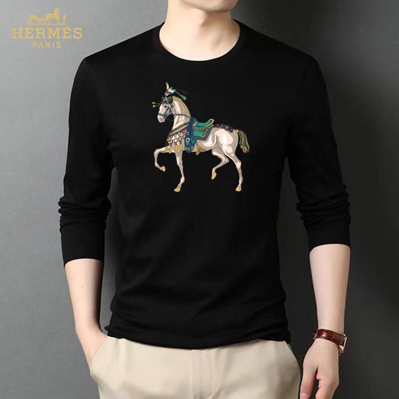 HERMES メンズ ロンT 長袖Tシャツ クルーネック 袖リブ ロゴプリント オーバーサイズ ブラック - 画像 8