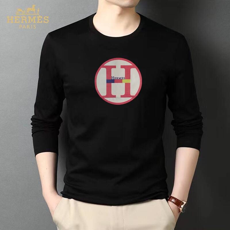 HERMES メンズ ロンT 長袖Tシャツ クルーネック 袖リブ ロゴプリント オーバーサイズ ブラック
