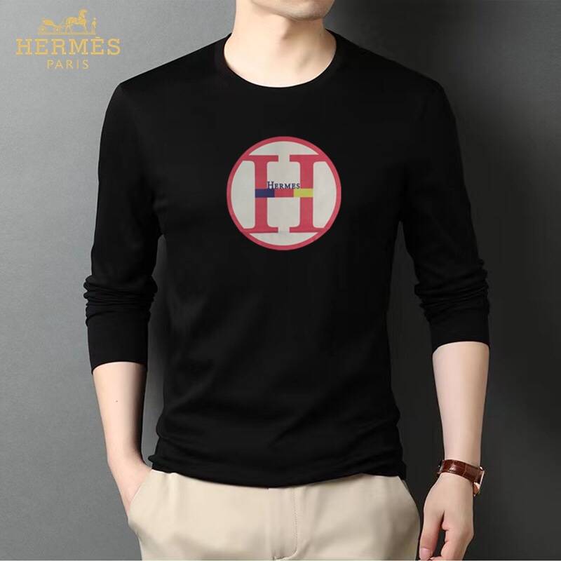 HERMES メンズ ロンT 長袖Tシャツ クルーネック 袖リブ ロゴプリント オーバーサイズ ブラック - 画像 7