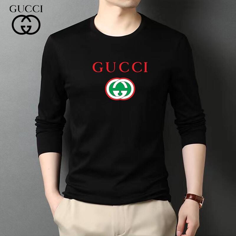 GUCCI グッチ メンズ ロンT 長袖Tシャツ クルーネック 袖リブ ロゴプリント ヘビーウェイト ブラック