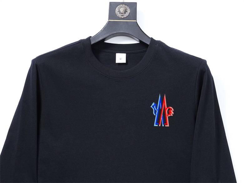 MONCLER モンクレール メンズ ロンT 長袖Tシャツ クルーネック 袖リブ ロゴ刺繍 ヘビーウェイト メンズ 黒 - 画像 7