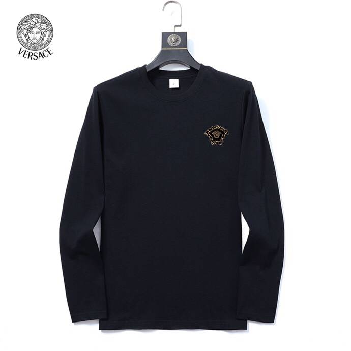 VERSACE ヴェルサーチ メンズ ロンT 長袖Tシャツ クルーネック 袖リブ ロゴプリント ヘビーウェイト オーバーサイズ ブラック