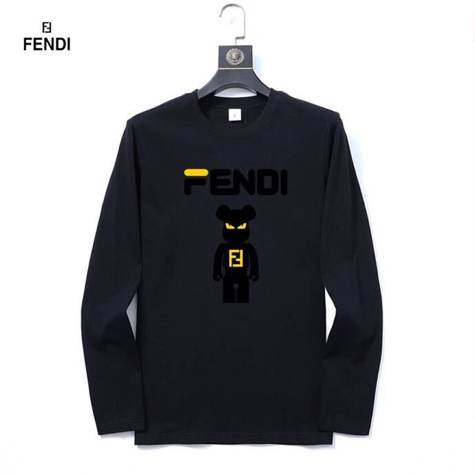 FENDI メンズ ロンT 長袖Tシャツ クルーネック 袖リブ ロゴプリント ヘビーウェイト ブラック