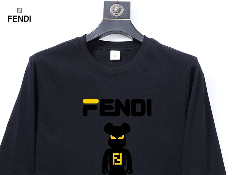 FENDI メンズ ロンT 長袖Tシャツ クルーネック 袖リブ ロゴプリント ヘビーウェイト ブラック - 画像 7
