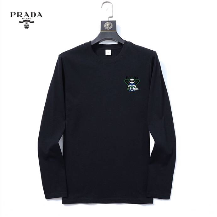PRADA メンズ ロンT 長袖Tシャツ クルーネック 袖リブ ロゴプリント オーバーサイズ ブラック