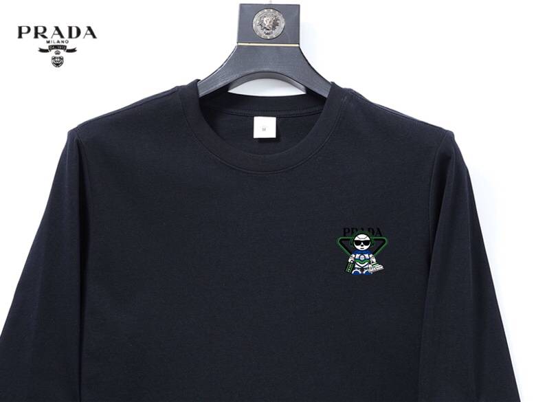 PRADA メンズ ロンT 長袖Tシャツ クルーネック 袖リブ ロゴプリント オーバーサイズ ブラック - 画像 7