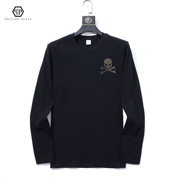 PHILIPP PLEIN メンズ ロンT 長袖Tシャツ クルーネック 袖リブ ロゴプリント ヘビーウェイト ブラック