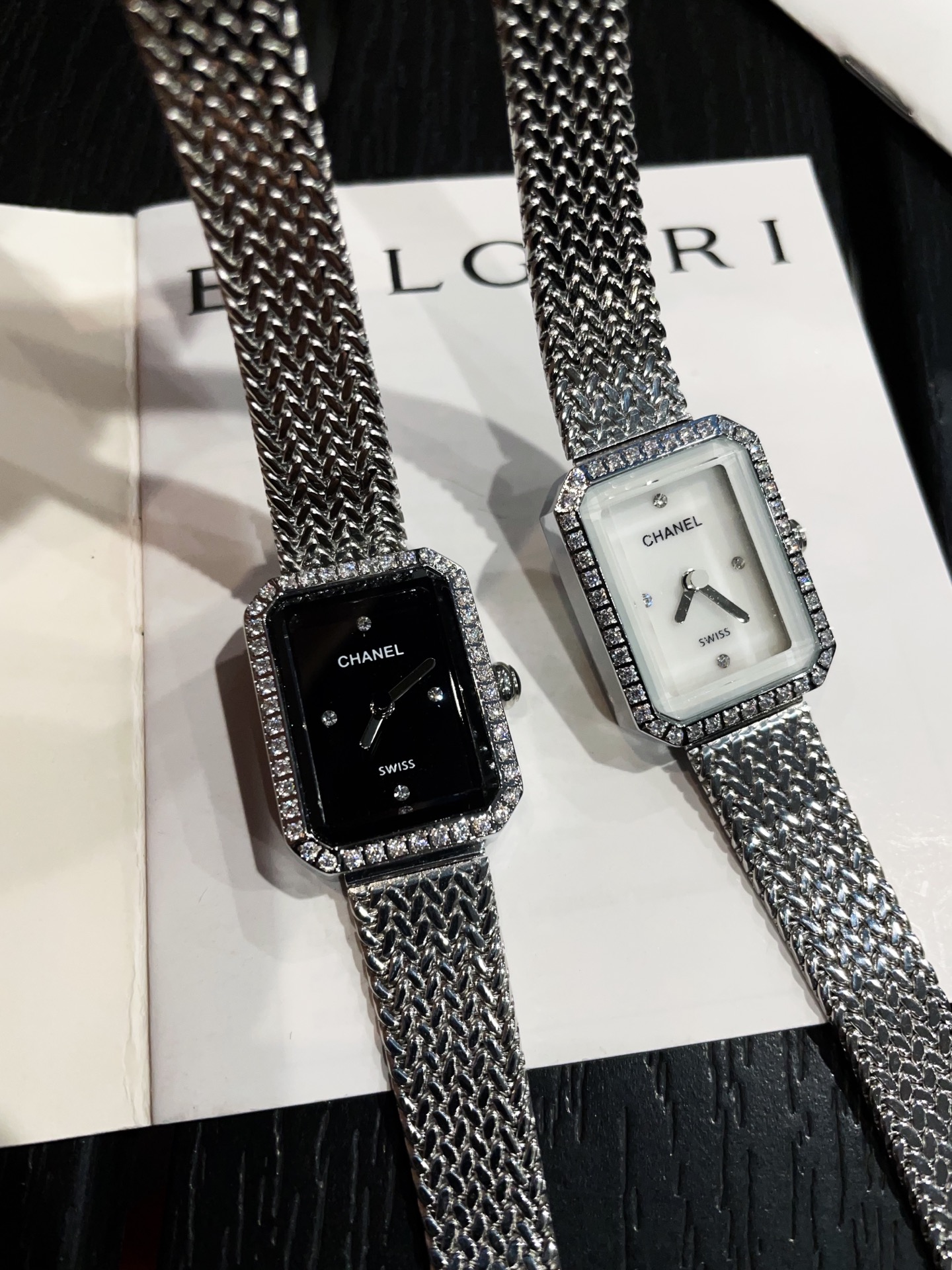 Chanel シャネル✨CHANEL PREMIÈRE 中古⌚️白貝母x黒琺瑯✨特殊カットダイヤモンド 2126mm メンズライク メッシュベルト💎