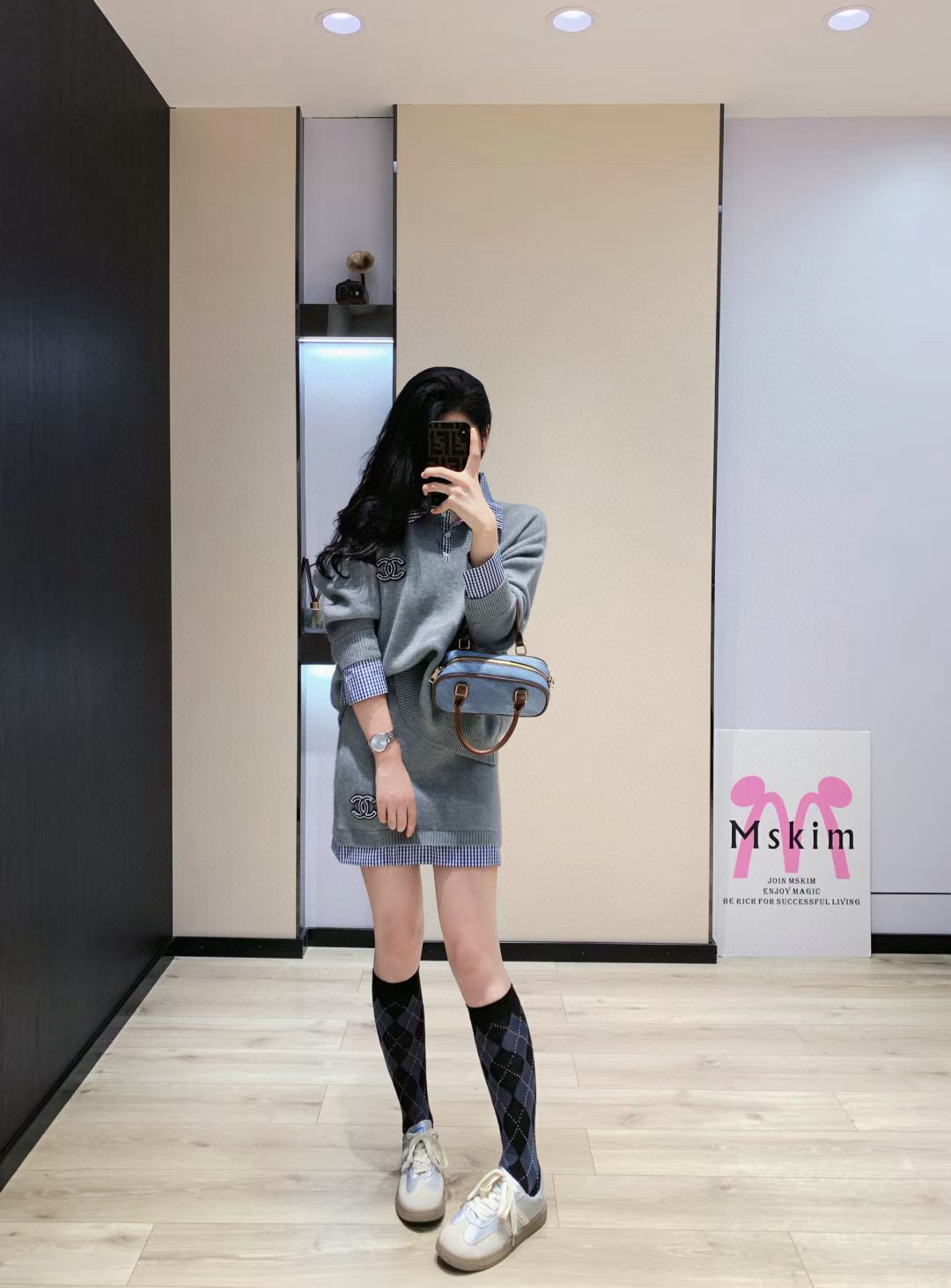 シャネル ニットワンピース レディース ブルー チェック柄 ポロネック 2点セット - 画像 2
