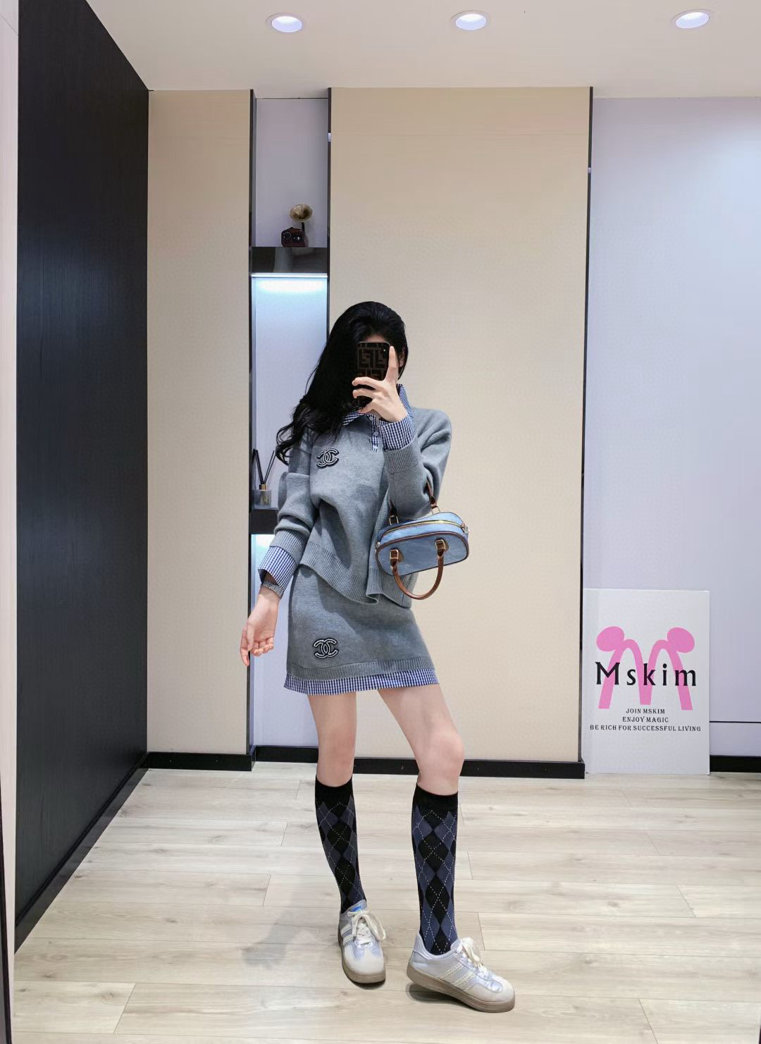 シャネル ニットワンピース レディース ブルー チェック柄 ポロネック 2点セット - 画像 3