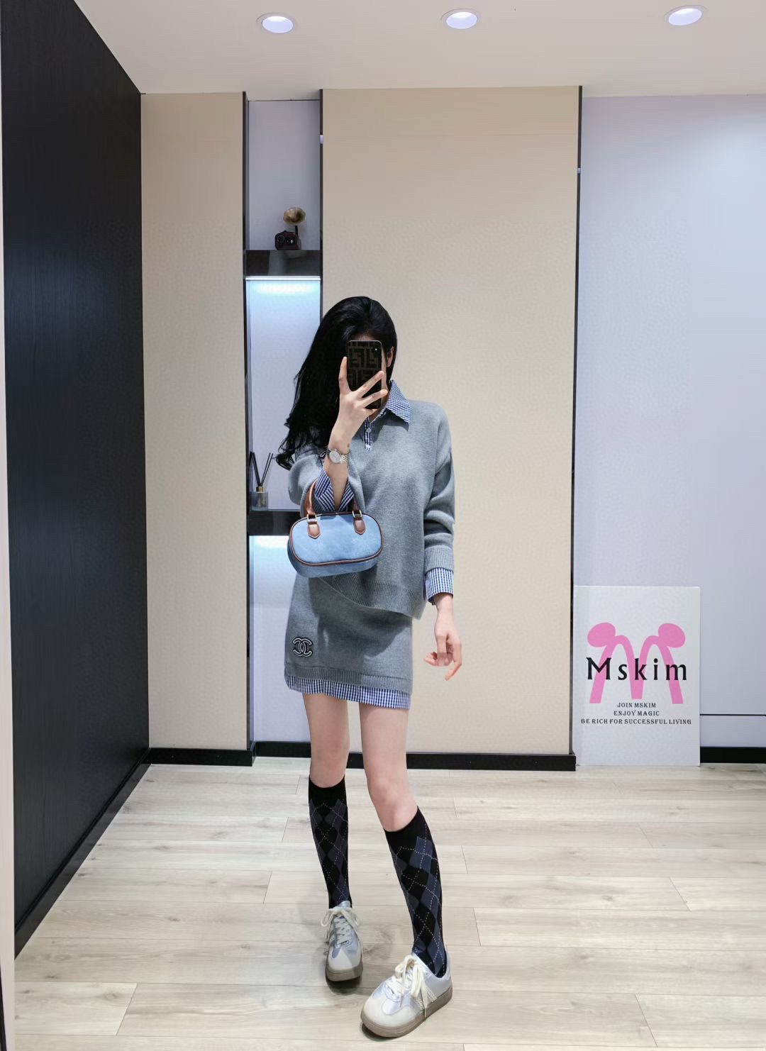 シャネル ニットワンピース レディース ブルー チェック柄 ポロネック 2点セット - 画像 6