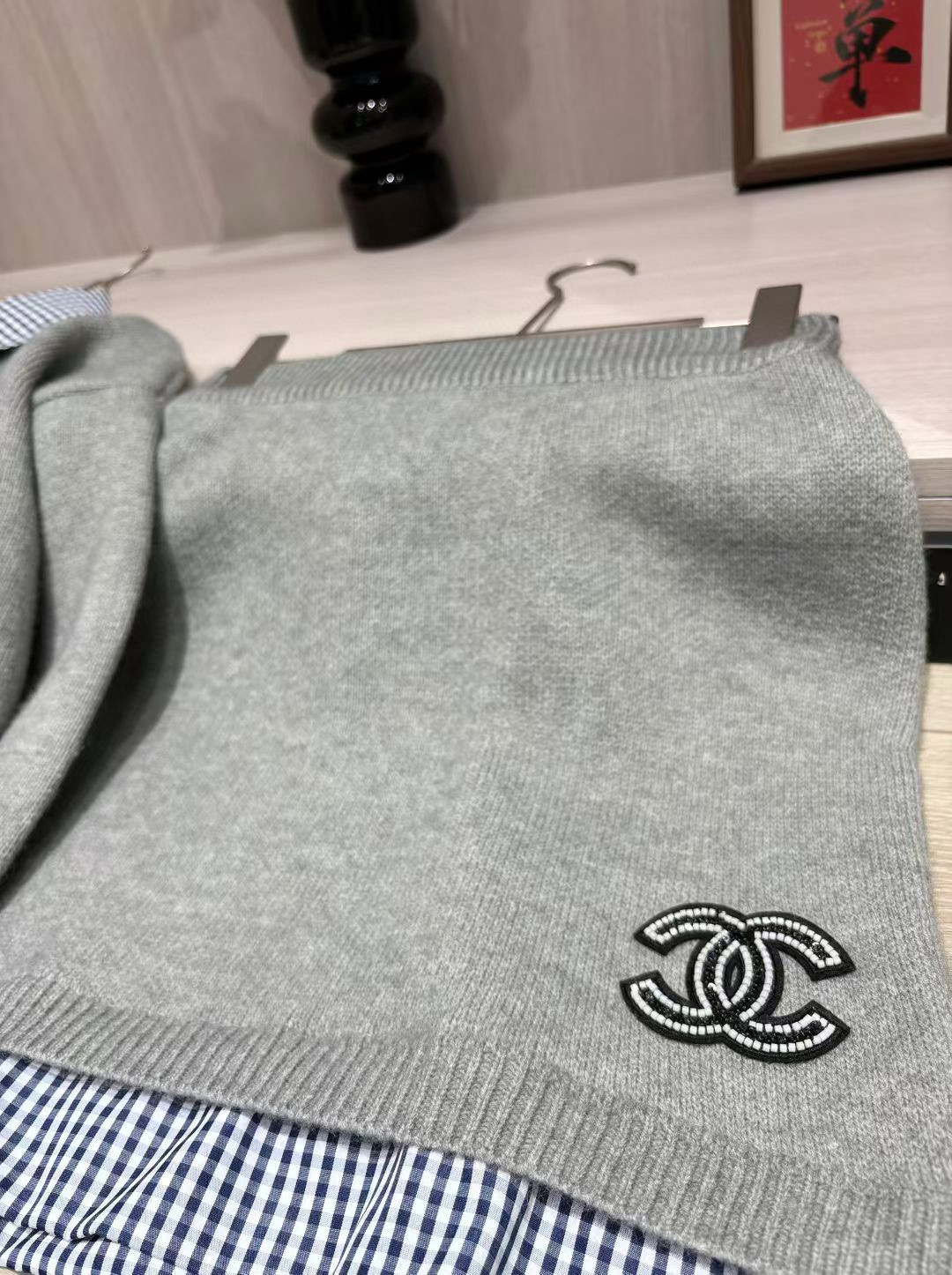 香奈儿 ニットセット ブラックチェック襟 2点セット 灰色 1色入 - 画像 7