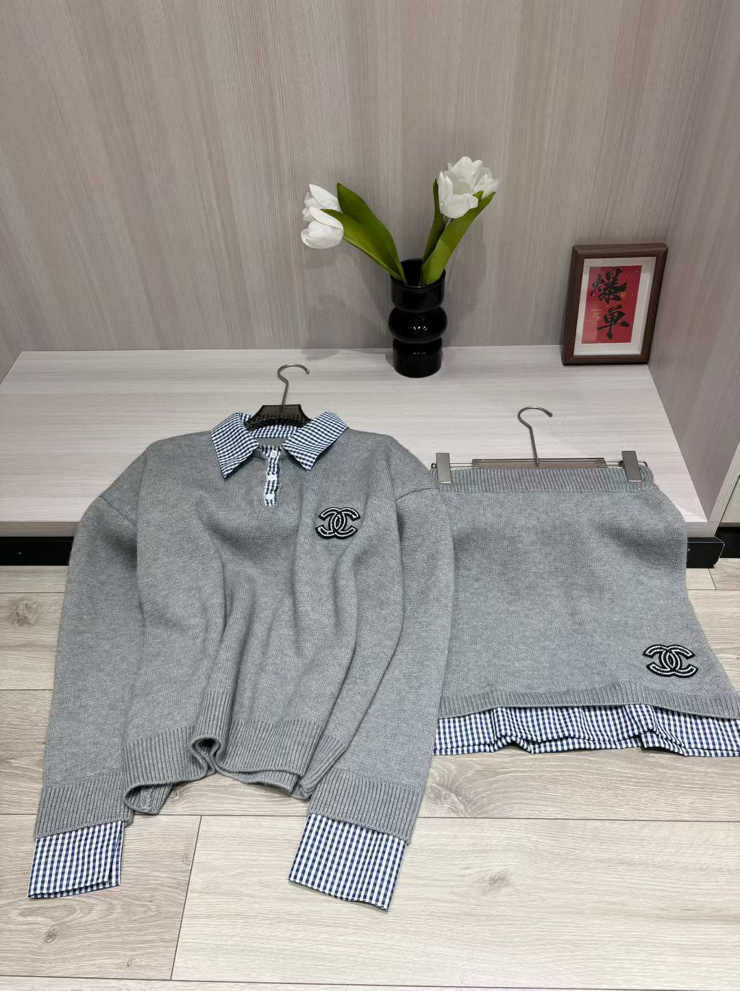 香奈儿 ニットセット ブラックチェック襟 2点セット 灰色 1色入 - 画像 8