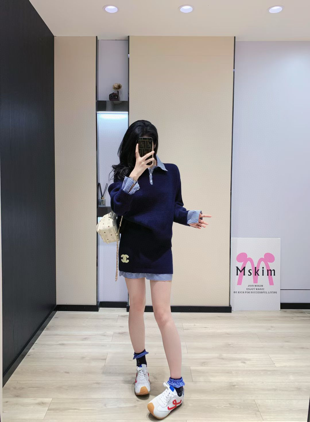 シャネル ニットワンピース ブルーチェック柄 ポロネック 2点セット - 画像 2