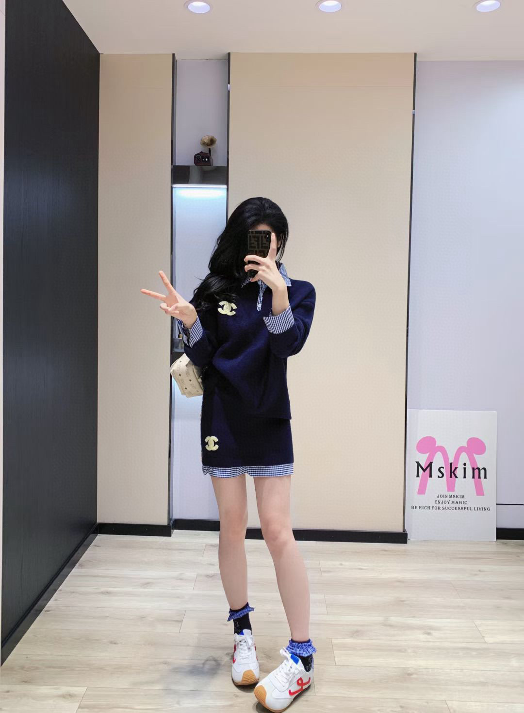 シャネル ニットワンピース ブルーチェック柄 ポロネック 2点セット - 画像 3