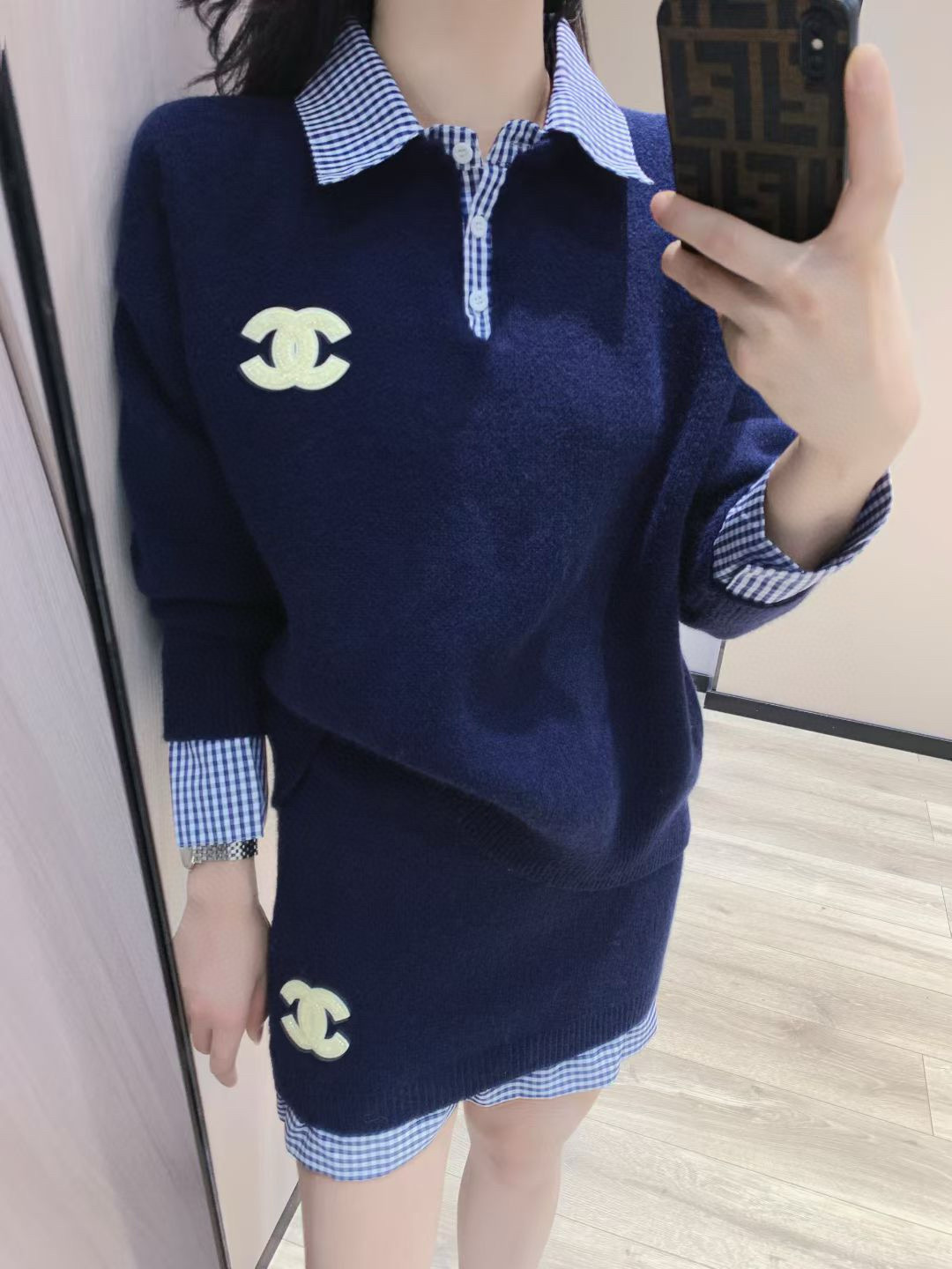 シャネル ニットワンピース ブルーチェック柄 ポロネック 2点セット - 画像 4