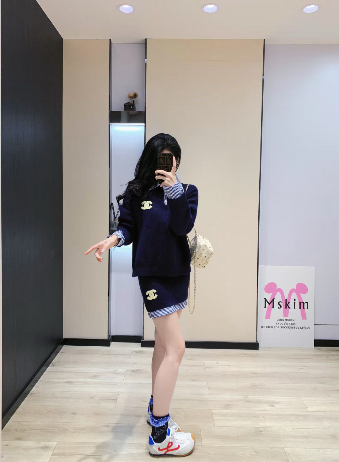 シャネル ニットワンピース ブルーチェック柄 ポロネック 2点セット - 画像 5