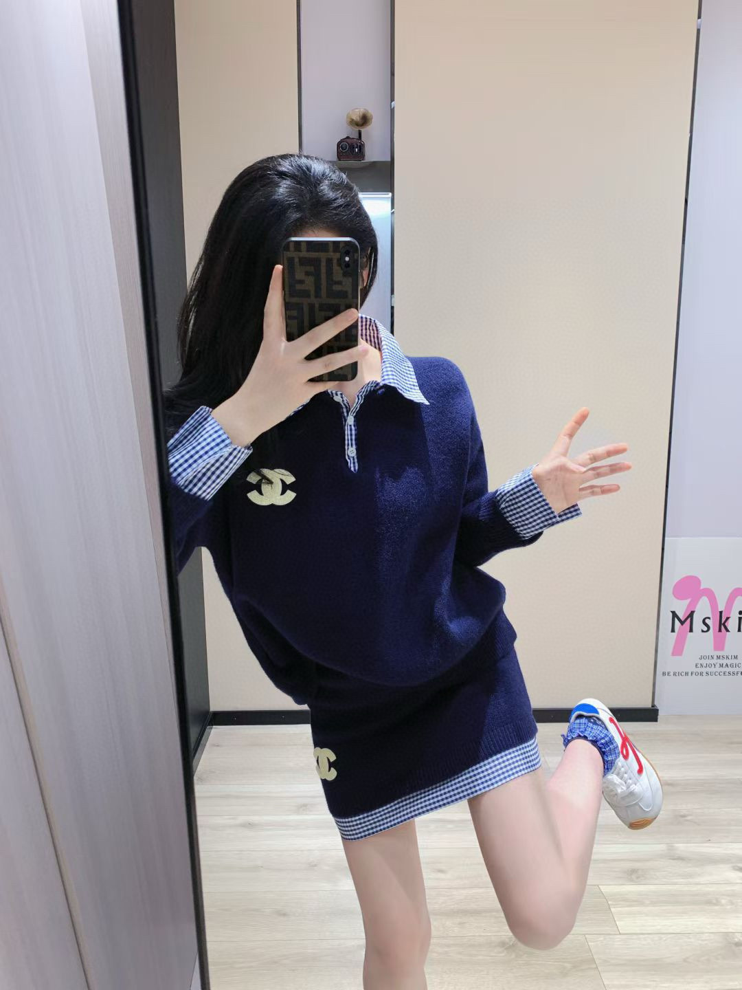 シャネル ニットワンピース ブルーチェック柄 ポロネック 2点セット - 画像 6