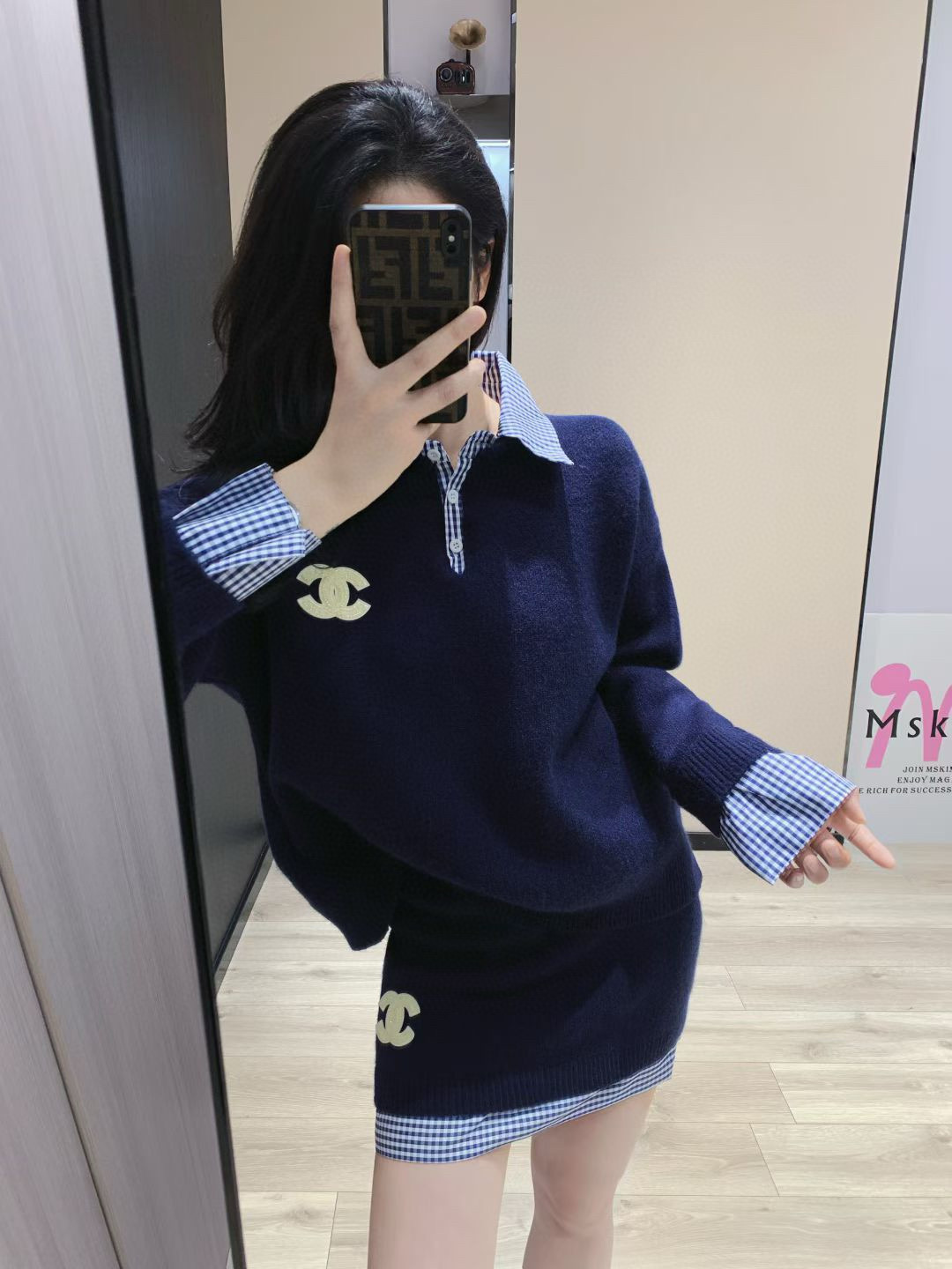 シャネル ニットワンピース ブルーチェック柄 ポロネック 2点セット - 画像 7