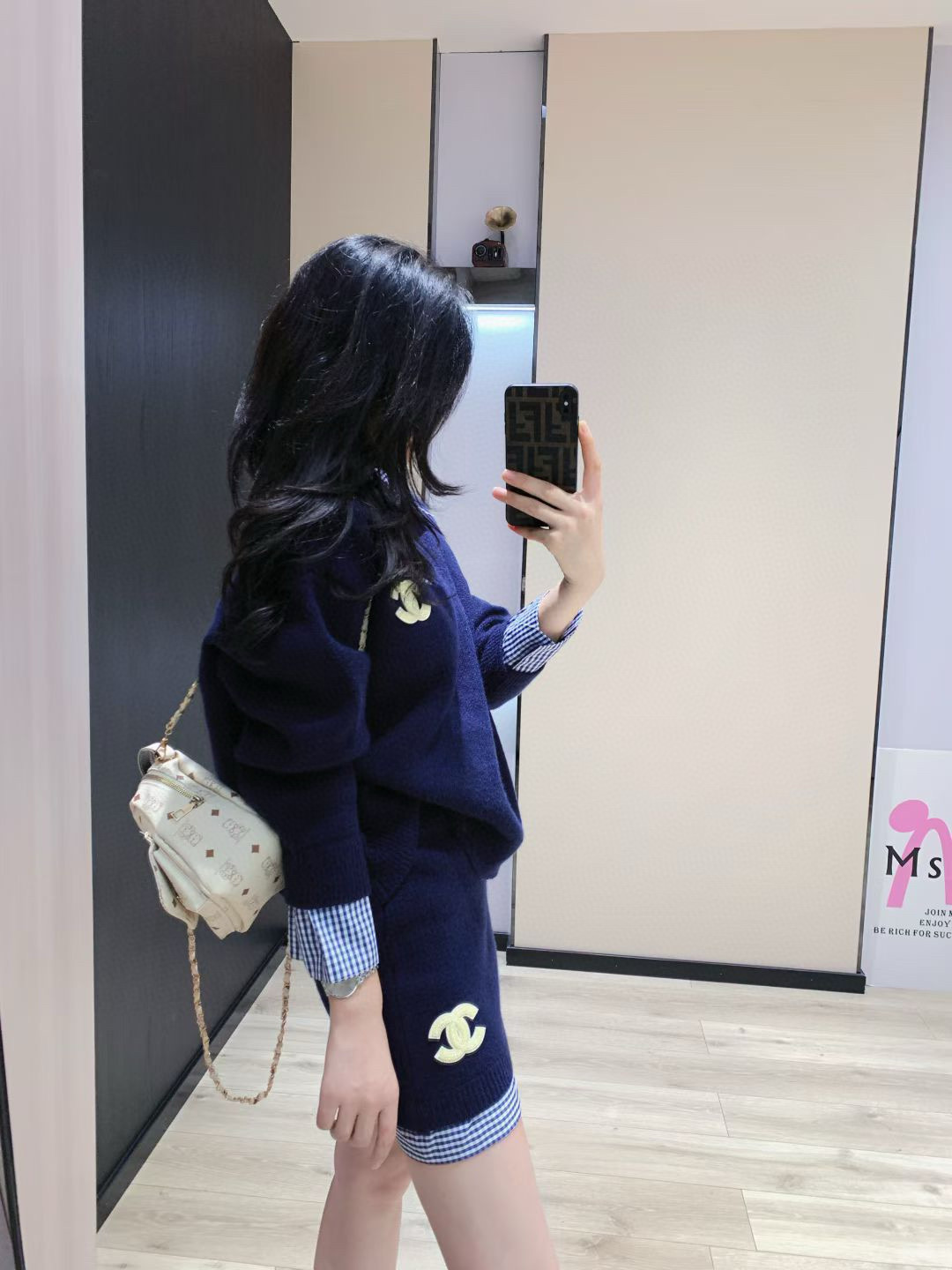 シャネル ニットワンピース ブルーチェック柄 ポロネック 2点セット - 画像 8