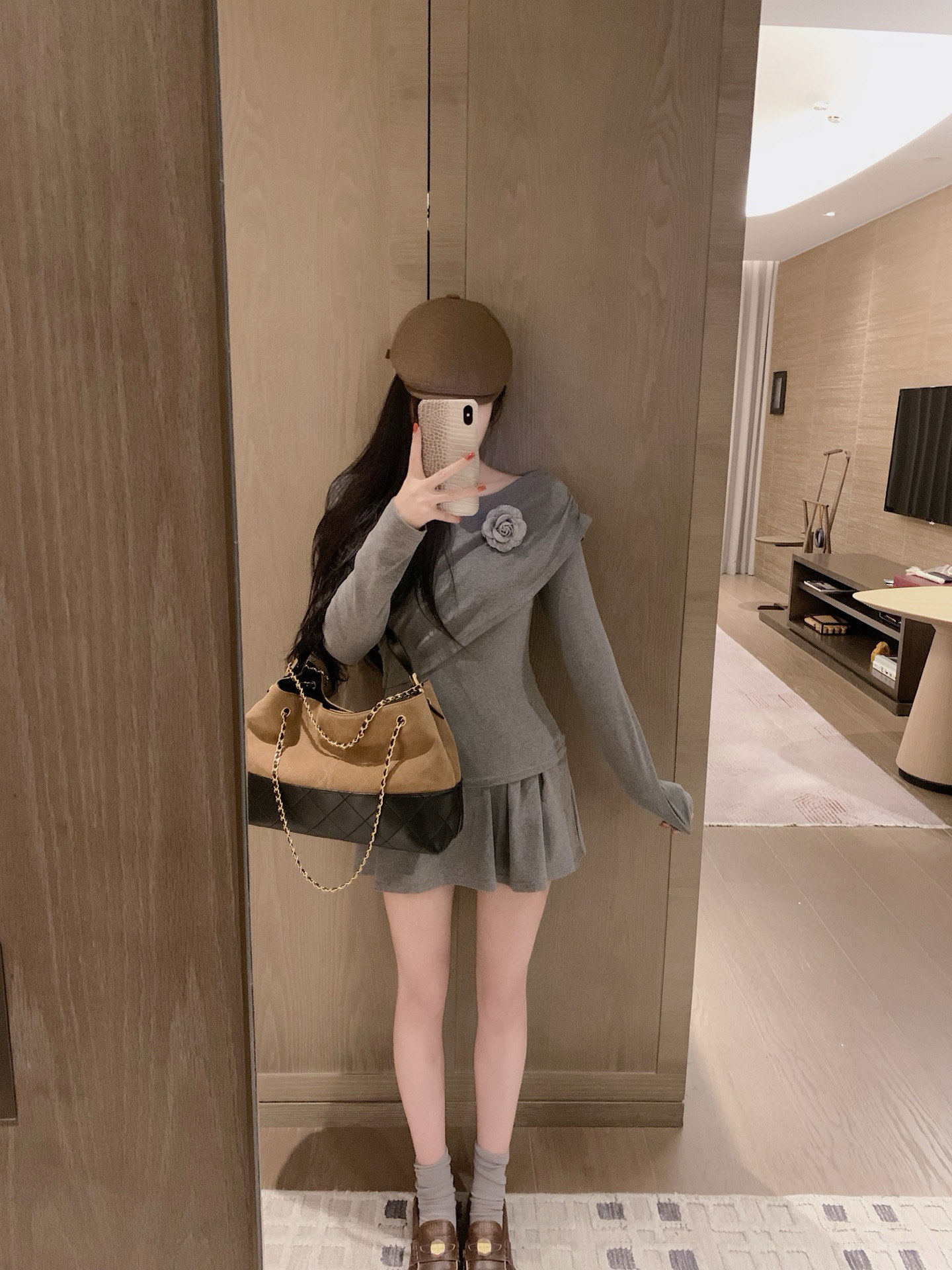 chanel グレー ロングスリーブ フラワーデザイン ワンピース 1色 - 画像 3