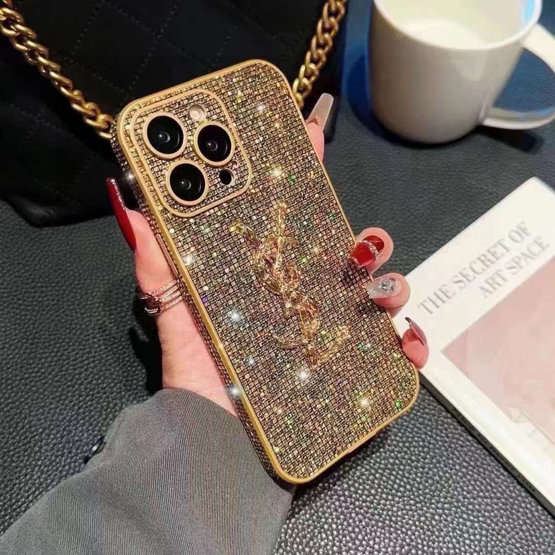 iPhoneケース✨YSL ブラック&ゴールド 2色入 スワロフスキー風スマホケース