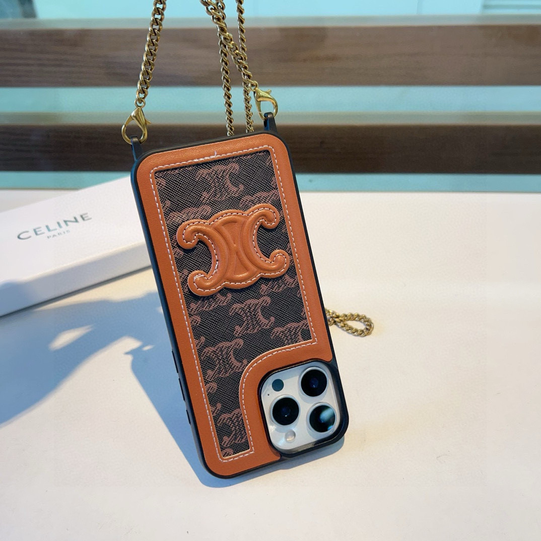 iPhoneケース高級感のあるCELINE風スマホケース 2色入 ショルダーチェーン付き 🌟