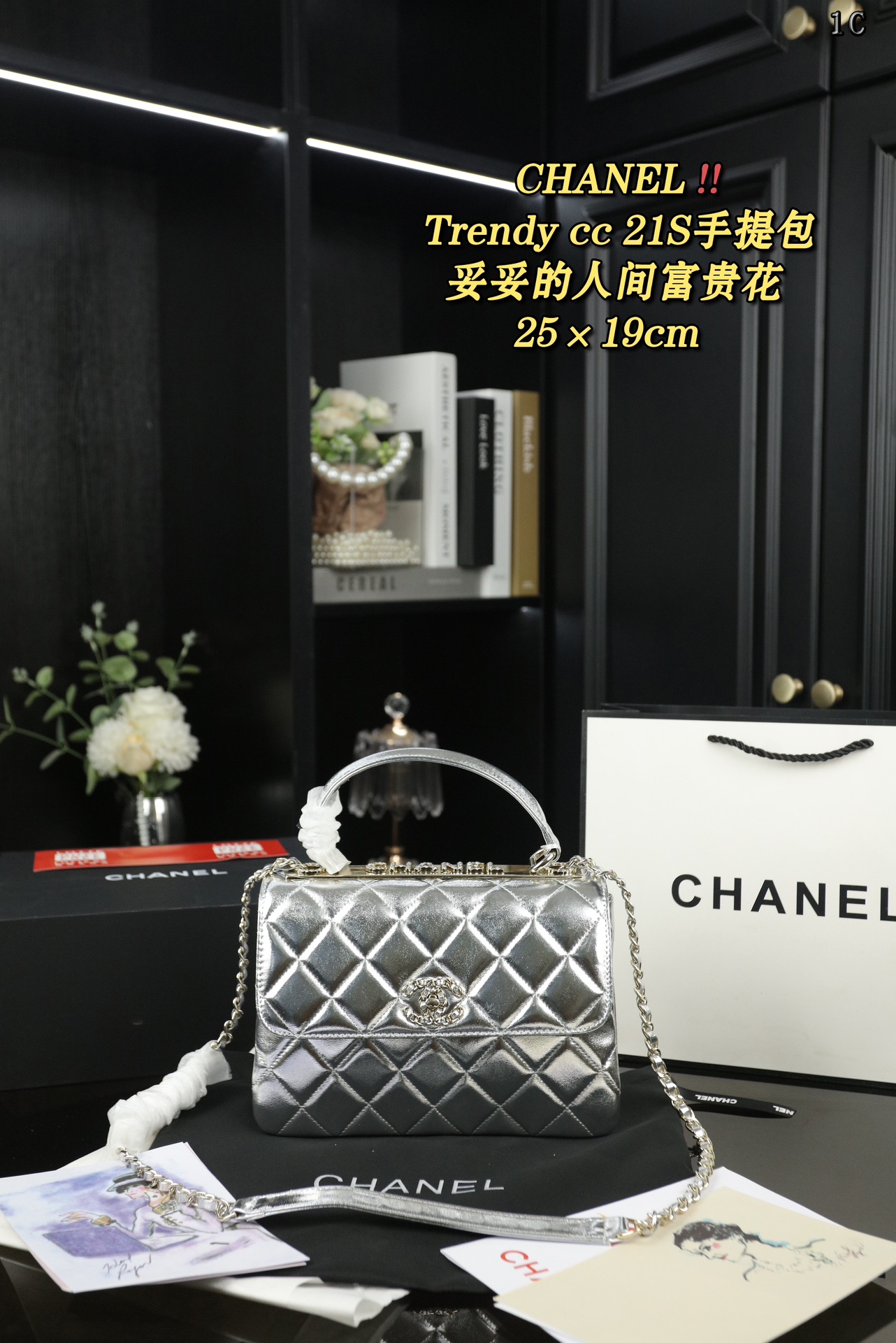 CHANEL デミ キャンバス ミニハンドバッグ ✨シルバー 25×19cm
