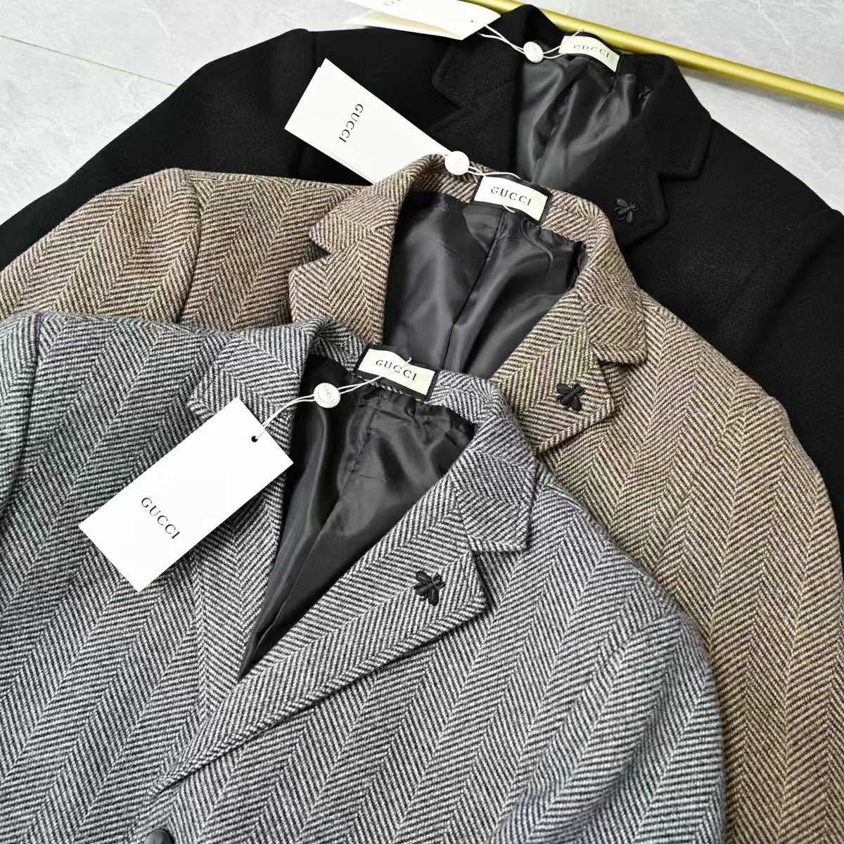 Gucci【02303】グッチ ベイonet 🧥 紳士ウールジャケット ハニカム柄 蝶結 ブラック 🧥✨