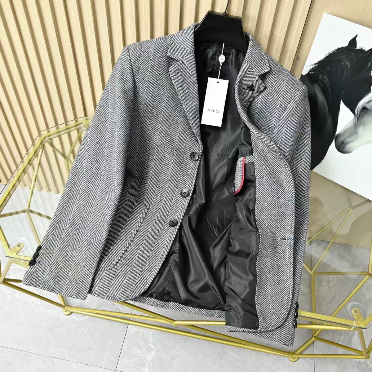 Gucci【02303】グッチ ベイonet 🧥 紳士ウールジャケット ハニカム柄 蝶結 ブラック 🧥✨ - 画像 5