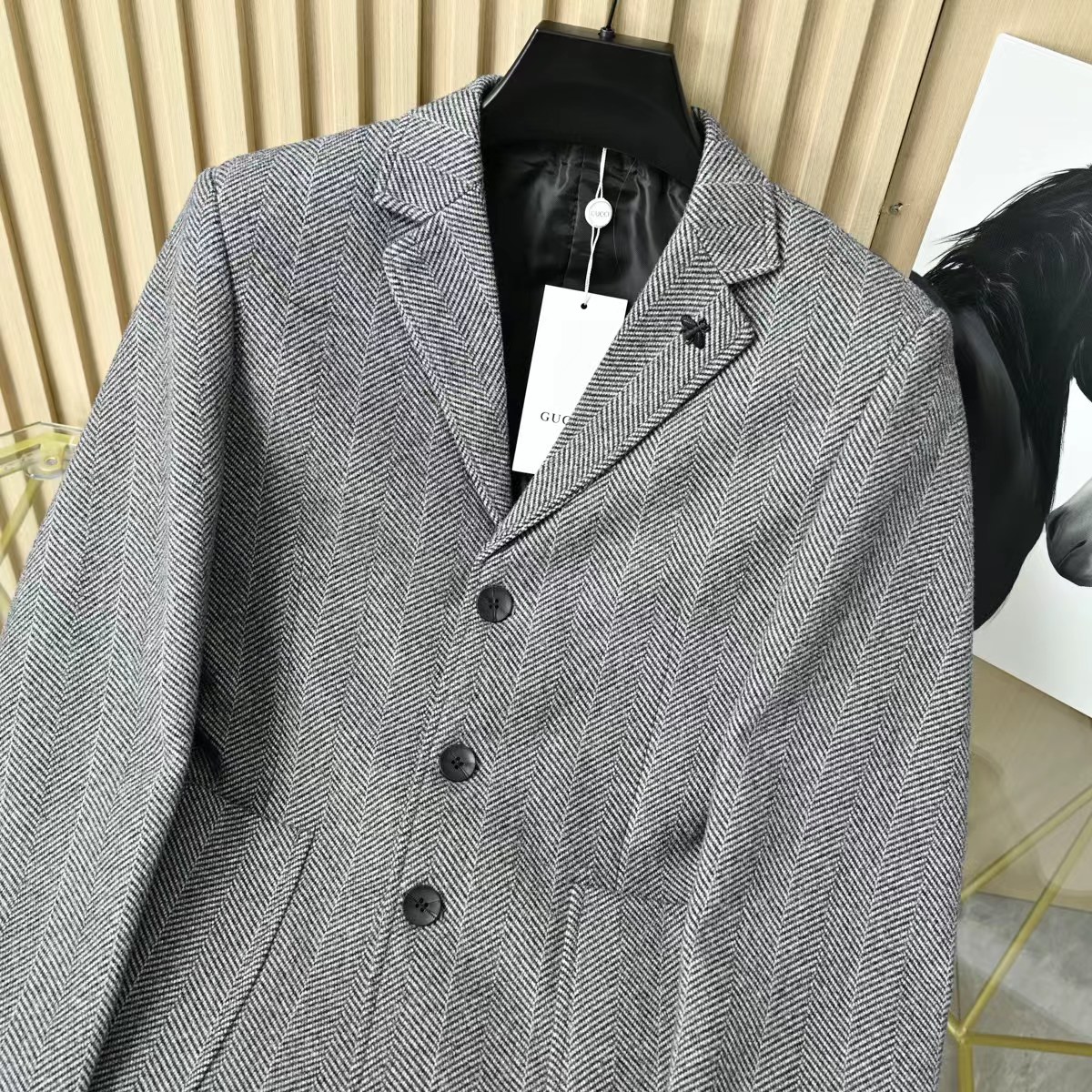 Gucci【02303】グッチ ベイonet 🧥 紳士ウールジャケット ハニカム柄 蝶結 ブラック 🧥✨ - 画像 6