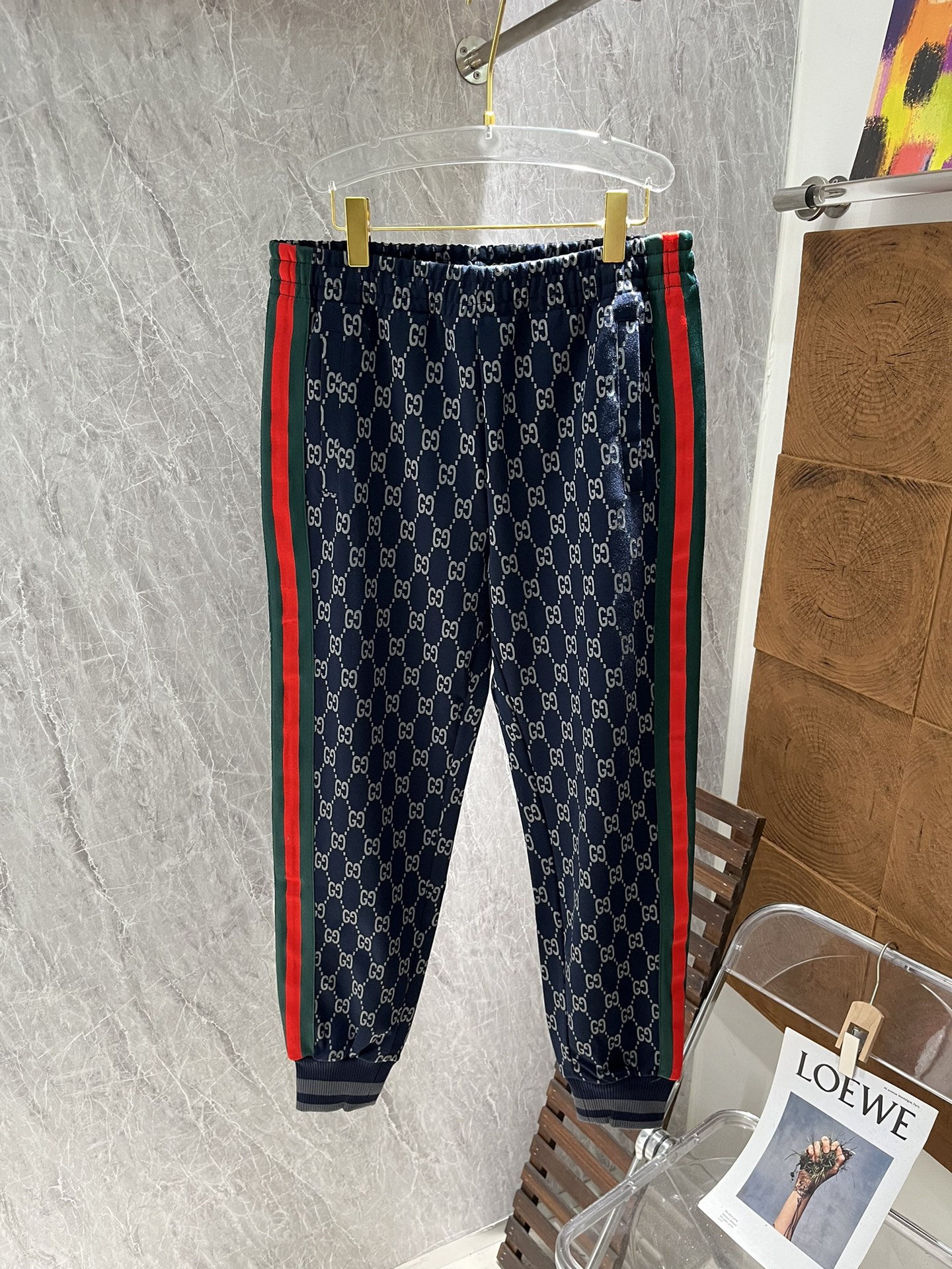 GUCCI パンツ 2色入 メンズ レギンス ダークネイビー レッド、グリーンストライプ