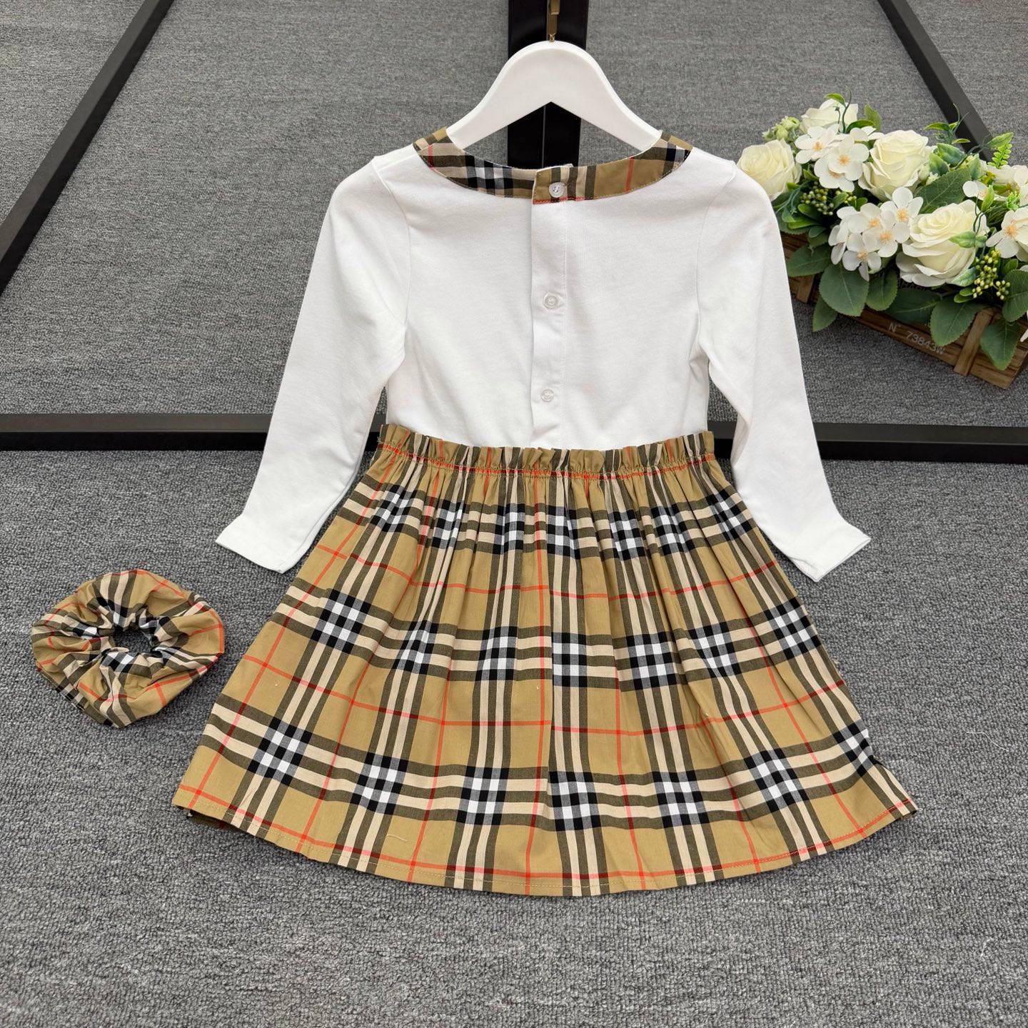 女の子 キッズ ワンピース 長袖 綿 チェック リボン 通園 通学 ベージュ - 画像 8