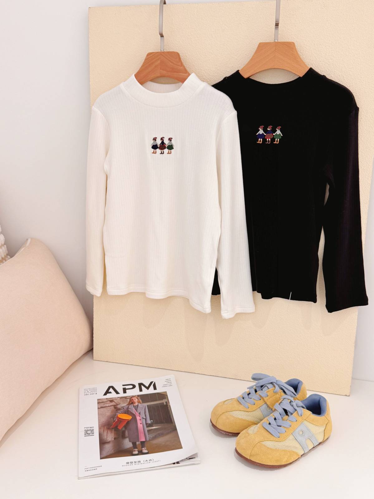 子供服 ロンT 秋冬厚手 290g 刺繍 無地 コットン 長袖 Tシャツ 通園 通学 保育園 普段着 女の子 男の子 ホワイト ブラック - 画像 2