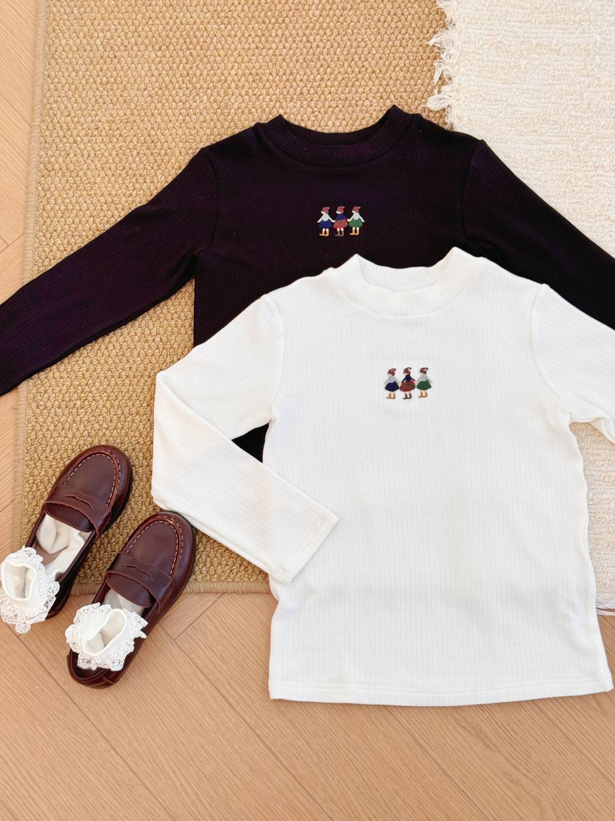 子供服 ロンT 秋冬厚手 290g 刺繍 無地 コットン 長袖 Tシャツ 通園 通学 保育園 普段着 女の子 男の子 ホワイト ブラック - 画像 3