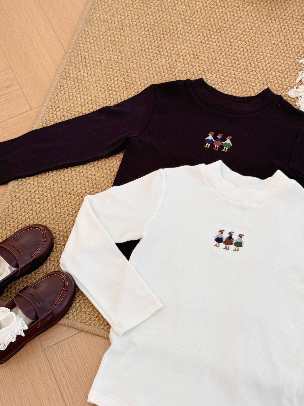子供服 ロンT 秋冬厚手 290g 刺繍 無地 コットン 長袖 Tシャツ 通園 通学 保育園 普段着 女の子 男の子 ホワイト ブラック - 画像 4