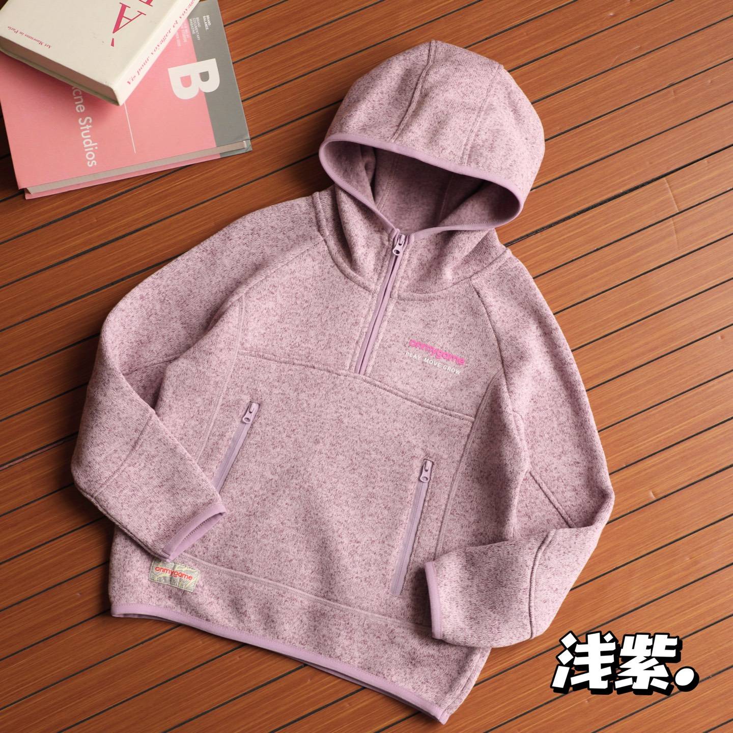 キッズ ジュニア パーカー 冬 フリース 長袖 フード付き 通園 通学 女の子 男の子兼用 浅紫 緑 灰色 - 画像 4