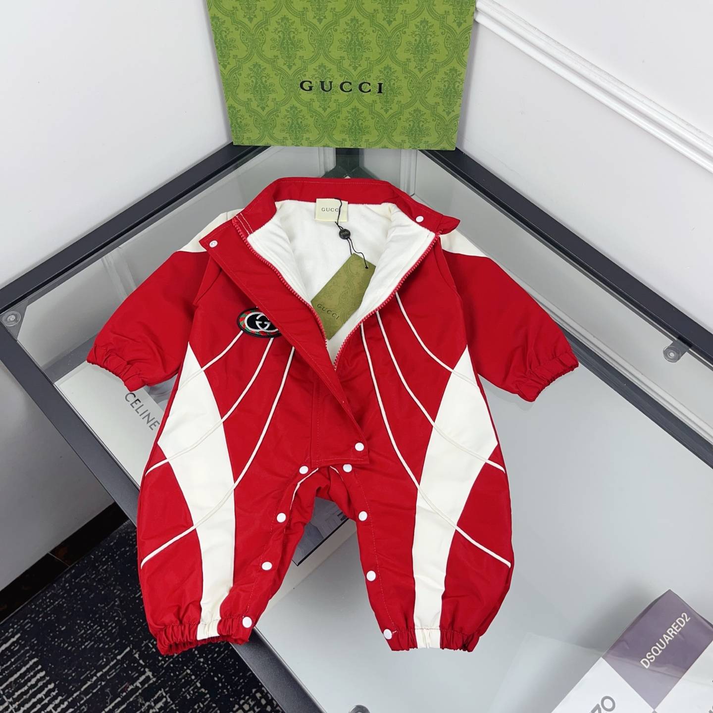 ベビー キッズ グッチ ロンパース レッド ホワイト ダイヤモンド柄 保温 ロングスリーブ お出かけ 通園 - 画像 4
