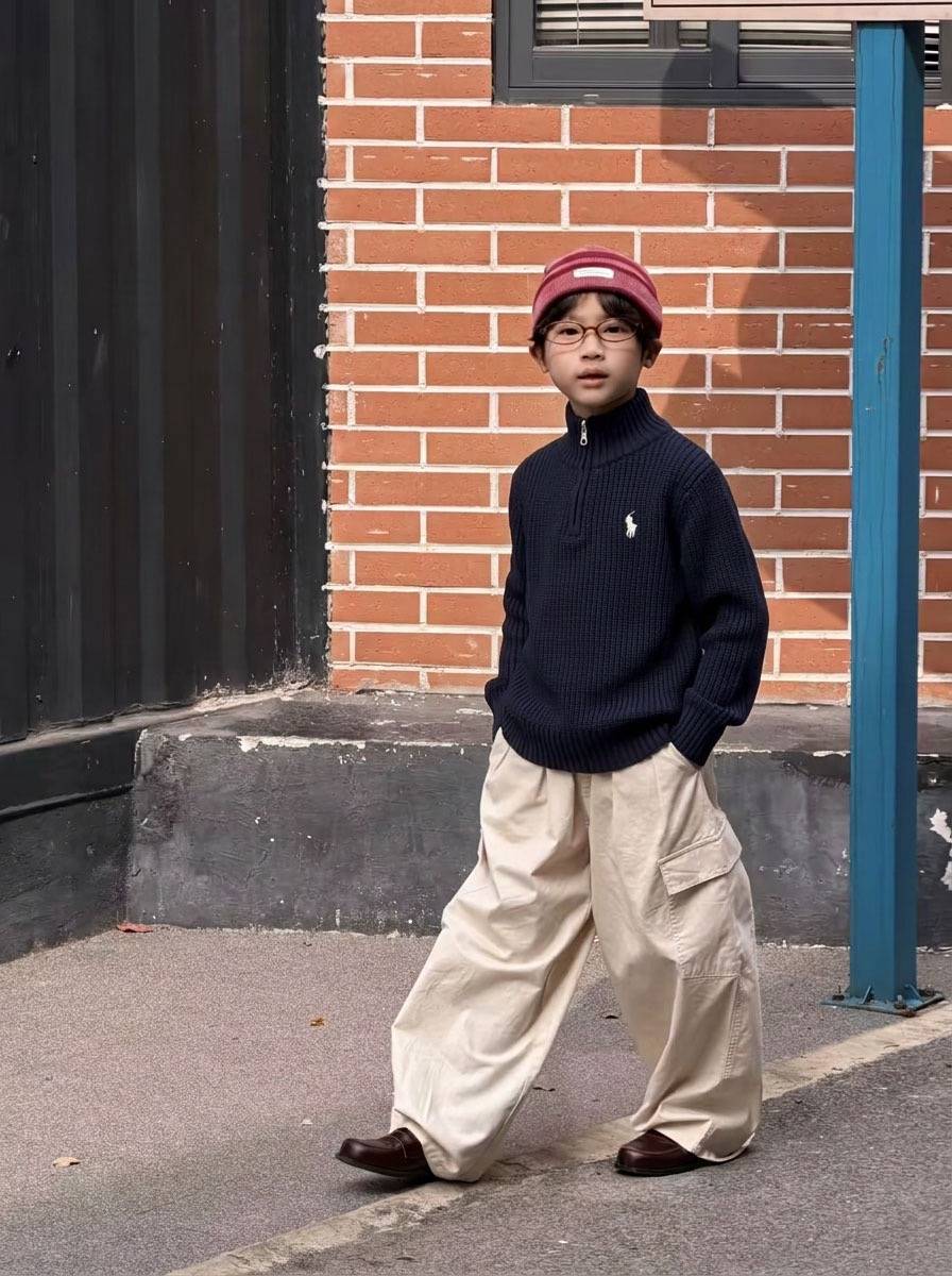 キッズ セーター 長袖 秋冬 ニット 半拉链 男女兼用 ゆったり デイリー 通園 ホワイト ブラック - 画像 4