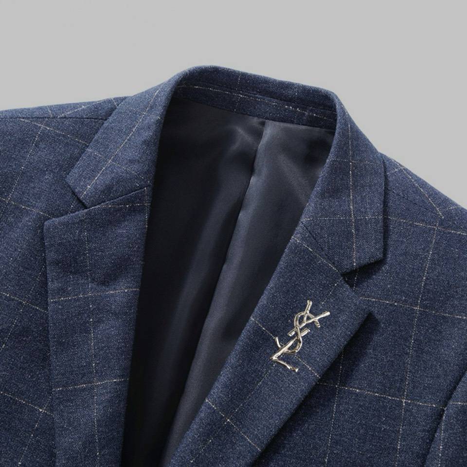 YSL ユニセックス セットアップ テーラードジャケット シングル 2B グレンチェック グレー メンズ レディース - 画像 3