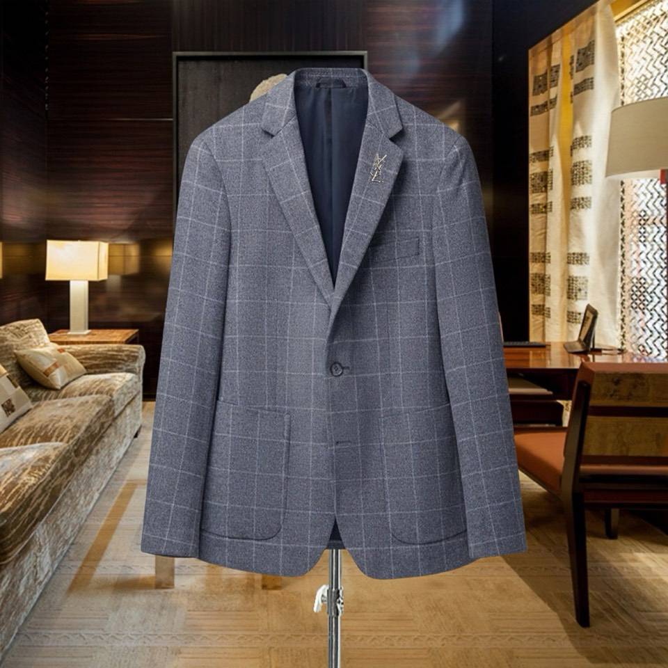 Yves Saint Laurent イヴ サンローラン テーラードジャケット セットアップ ビッグシルエット シングル 3B チェック柄 メンズ グレー