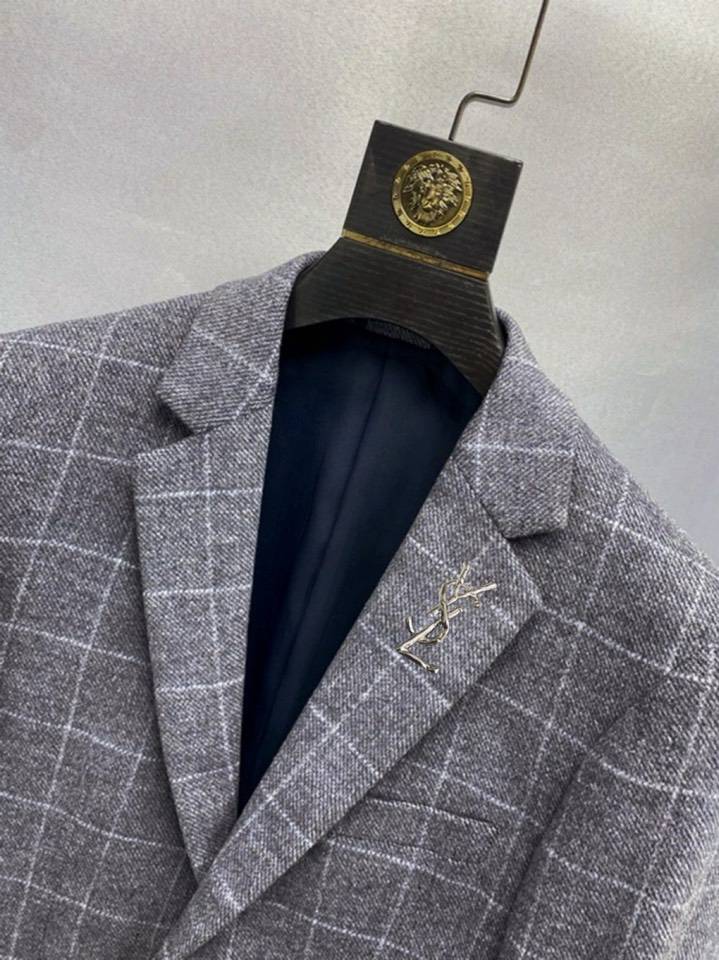 Yves Saint Laurent イヴ サンローラン テーラードジャケット セットアップ ビッグシルエット シングル 3B チェック柄 メンズ グレー - 画像 3