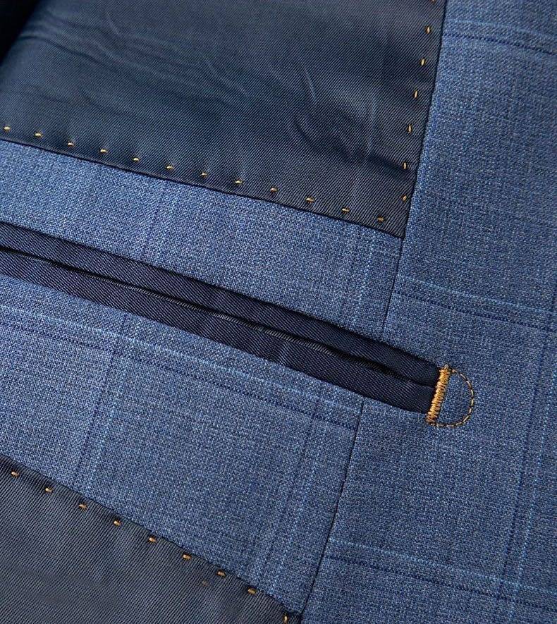 メンズ セットアップ テーラードジャケット シングル 2B ブレザー グレンチェック ウール混 ブルー - 画像 7