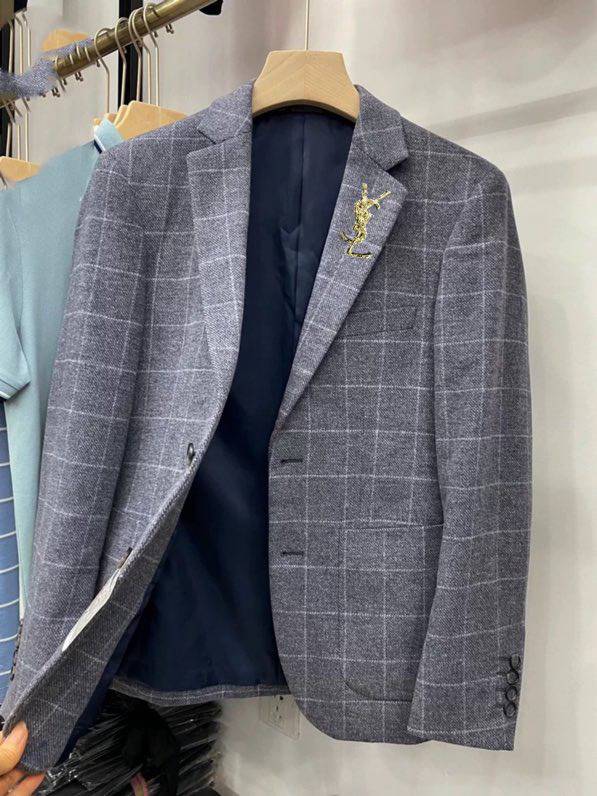 YSL ヤング サンローラン テーラードジャケット オーバーサイズ ビッグシルエット グレンチェック 1B メタルボタン メンズ ネイビー グレー - 画像 2
