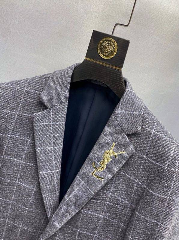YSL ヤング サンローラン テーラードジャケット オーバーサイズ ビッグシルエット グレンチェック 1B メタルボタン メンズ ネイビー グレー - 画像 4