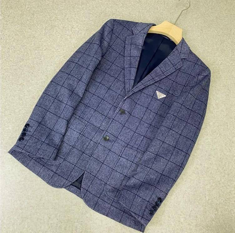 プラダ PRADA テーラードジャケット シングル 2B グレンチェック ウール メンズ ブルー