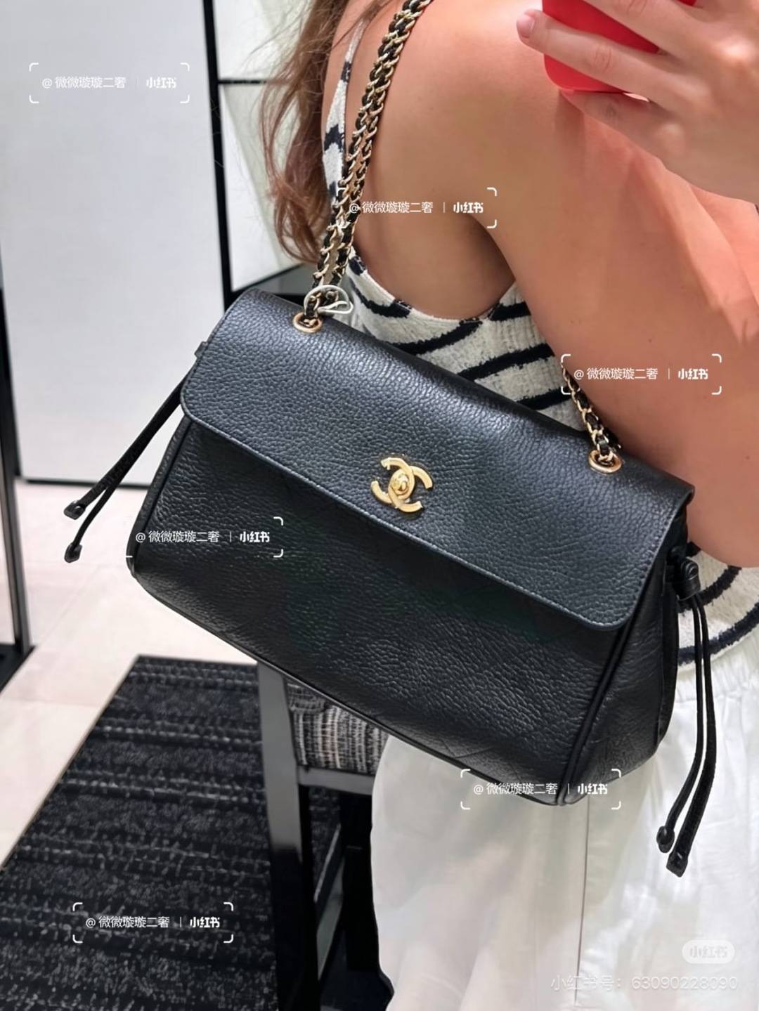 シャネル CHANEL マトラッセ フラップバッグ キャビアスキン ゴールド金具 レザー編み込みチェーン 2WAY ブラ - 画像 3