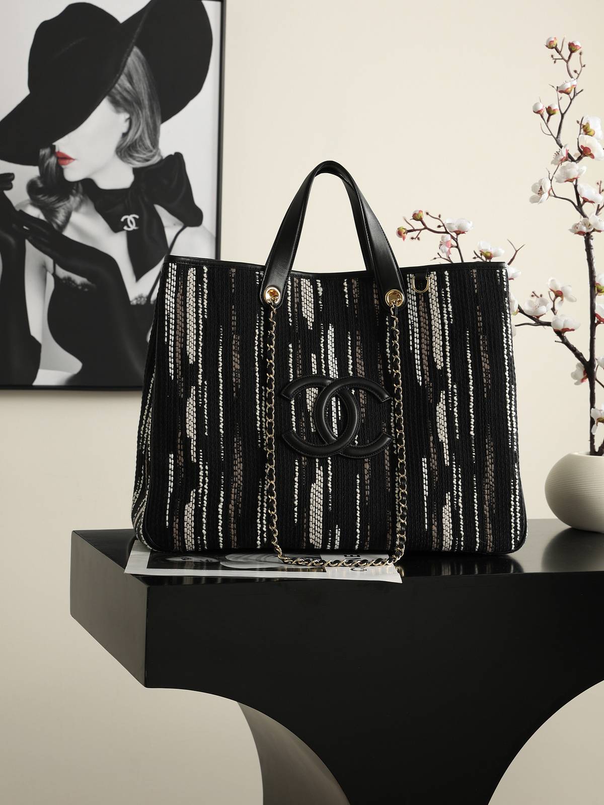 シャネル CHANEL マトラッセ トートバッグ キャビアスキン ゴールド金具 レザー編み込みチェーン ブラック - 画像 10